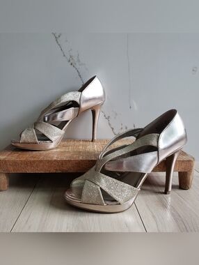 FIONI Clothing Metallic Gold Glitter Strappy High Heels